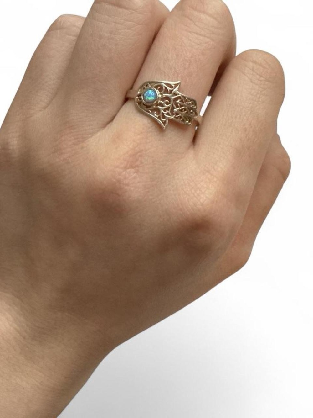 Silver 925 Stamped Hamsa Ring with Blue Opal Center